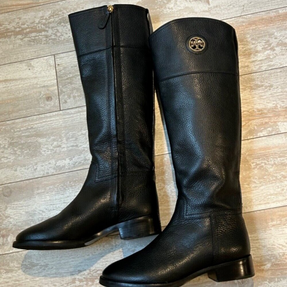 Tory Burch Black Leather Tall Riding Boots with Gold Logo - Picture 12 of 14
